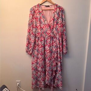 Pink and Red Floral Wrap Sundress with Bishop Sleeves